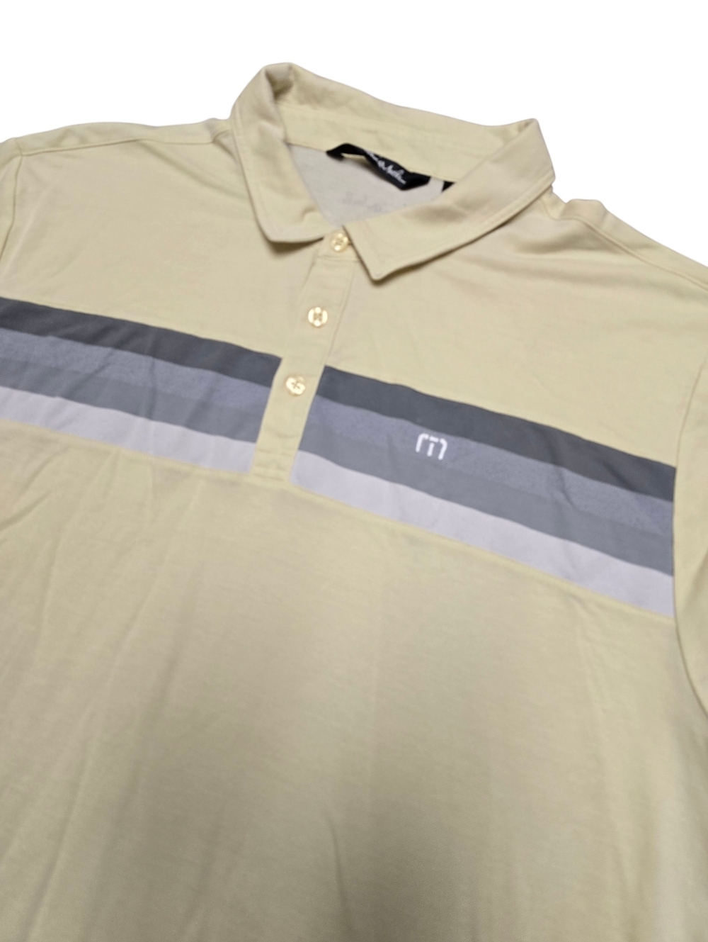 Travis Mathew Polo Shirt Men's Yellow Grey Stripes Pima Cotton Golf Stretch Sz L